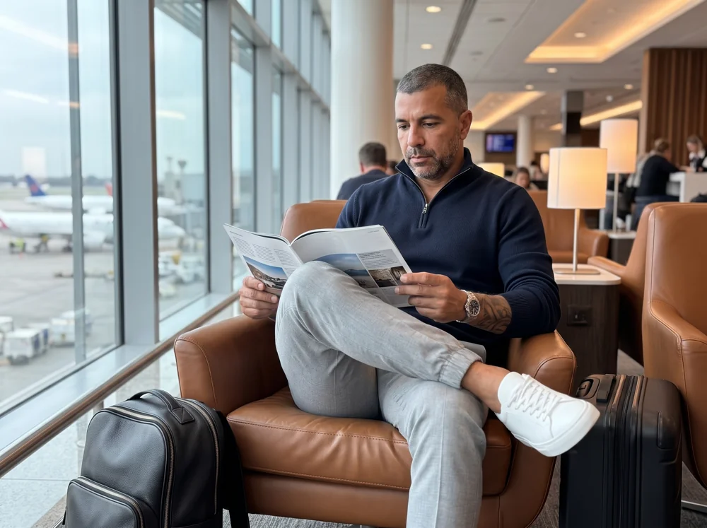João Paulo lendo em uma sala de embarque de aeroporto
